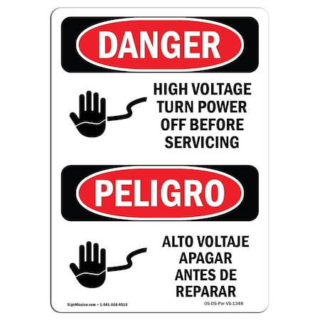 Signmission Safety Sign, OSHA Danger, 24" Height, High Voltage Turn Power Off Bilingual Spanish OS-DS-D-1824-VS-1348